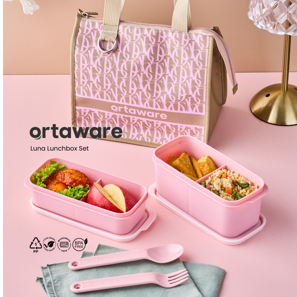[LUNA Lunchbox Set] | ORTAWARE | Tas + Tempat bekal 2 sekat + Sendok Garpu | BPA FREE MICROWAVE SAFE