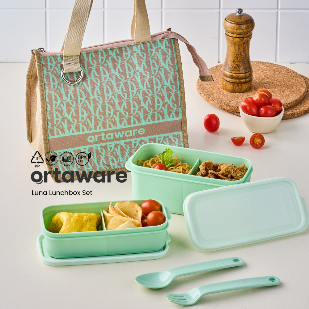 [LUNA Lunchbox Set] | ORTAWARE | Tas + Tempat bekal 2 sekat + Sendok Garpu | BPA FREE MICROWAVE SAFE