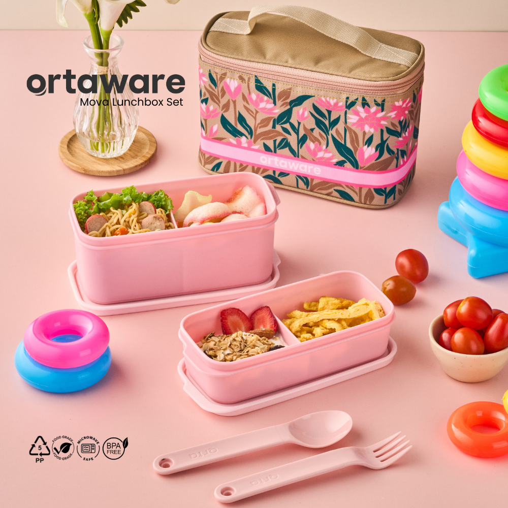 [Mova Lunchbox Set] | ORTAWARE | Tas + Tempat bekal 2 sekat + Sendok Garpu | BPA FREE MICROWAVE SAFE