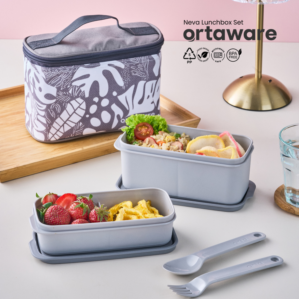 [Neva Lunchbox Set] | ORTAWARE | Tas + Tempat bekal 2 sekat + Sendok Garpu | BPA FREE MICROWAVE SAFE