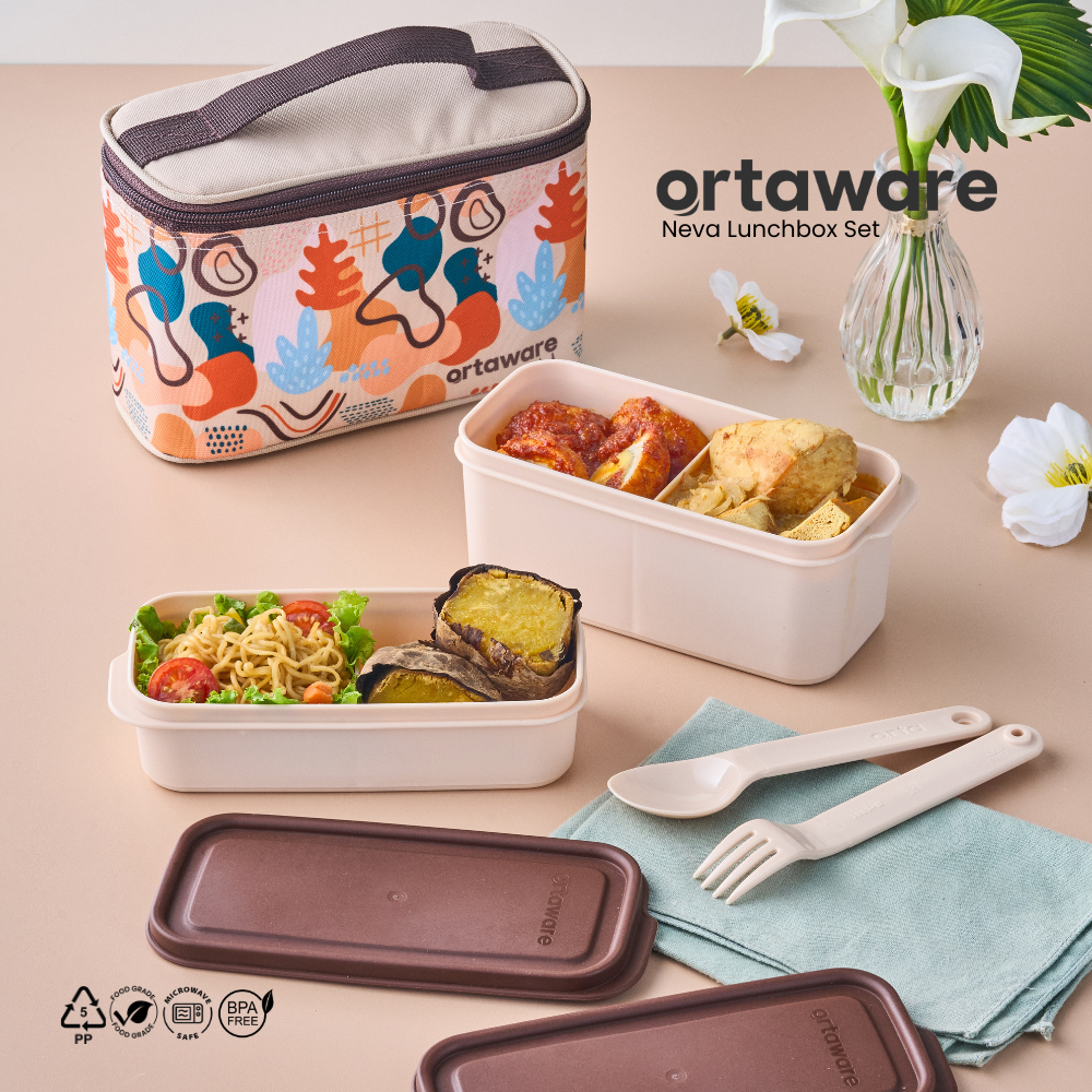 [Neva Lunchbox Set] | ORTAWARE | Tas + Tempat bekal 2 sekat + Sendok Garpu | BPA FREE MICROWAVE SAFE