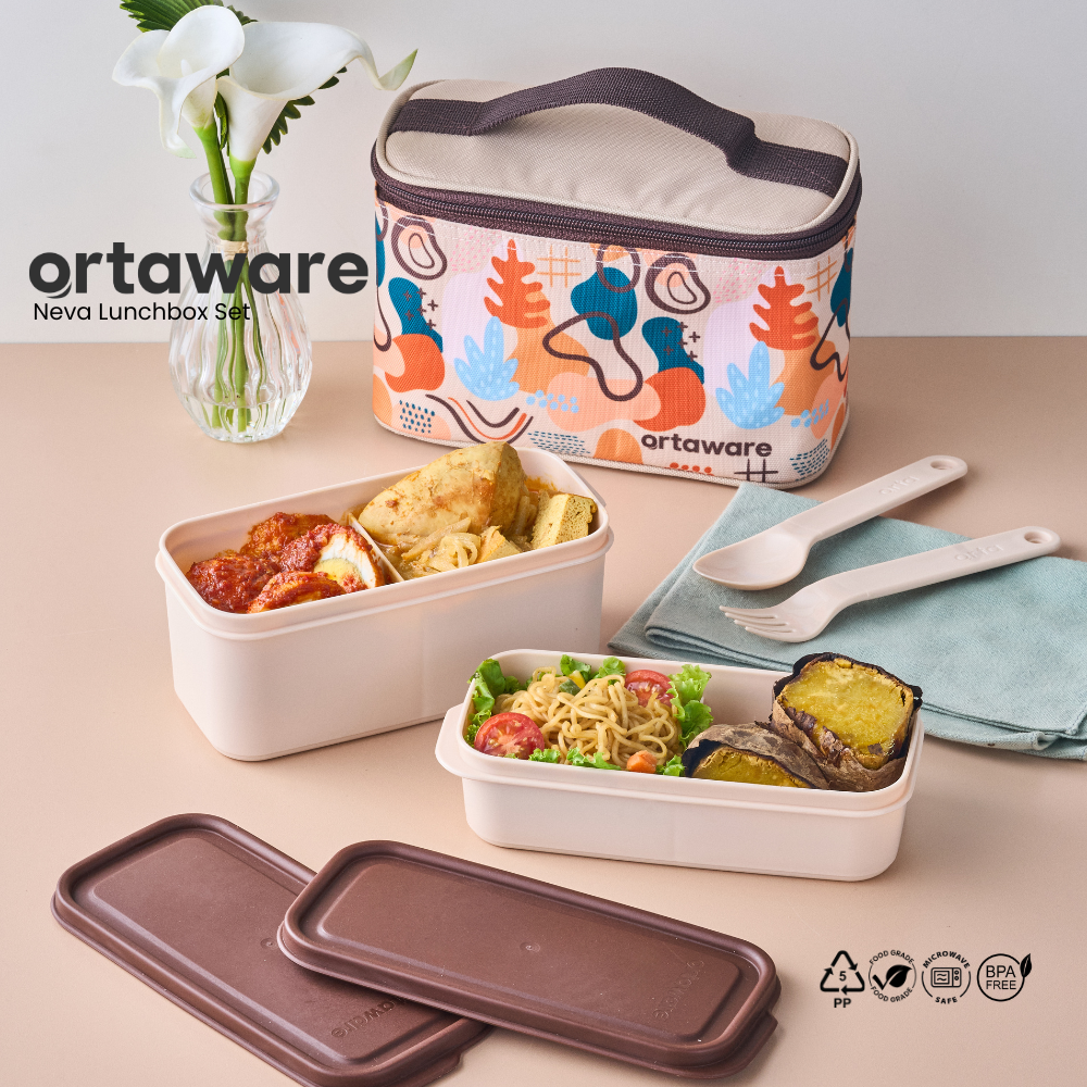 [Neva Lunchbox Set] | ORTAWARE | Tas + Tempat bekal 2 sekat + Sendok Garpu | BPA FREE MICROWAVE SAFE