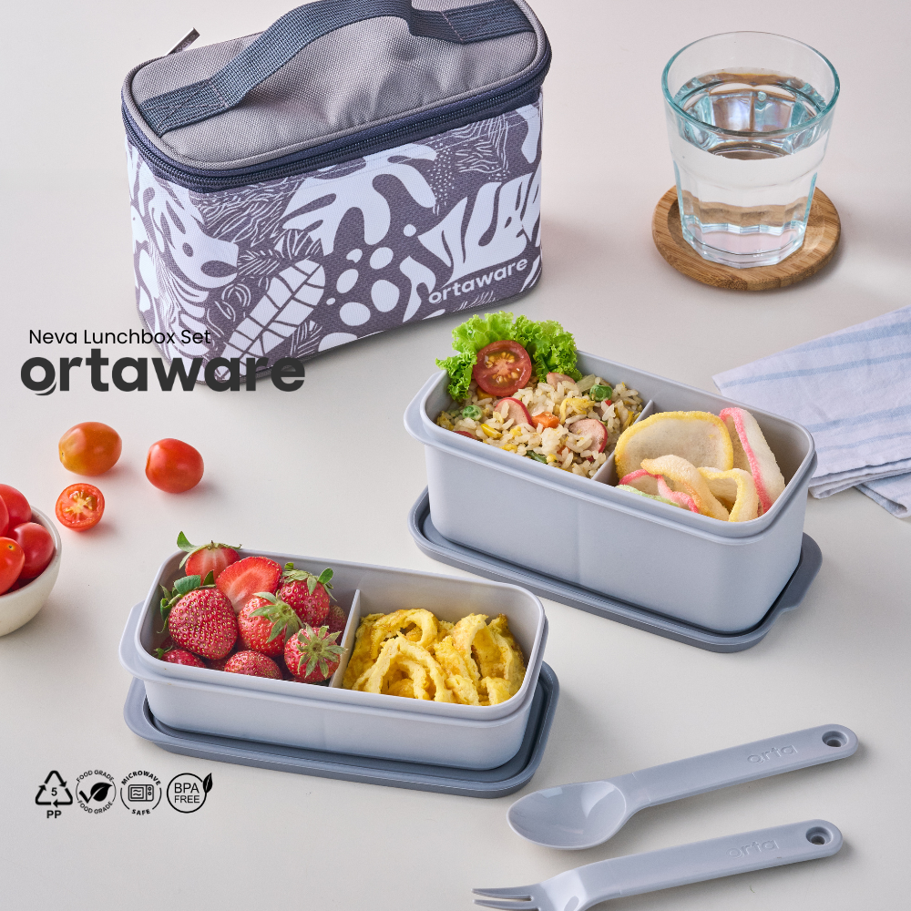 [Neva Lunchbox Set] | ORTAWARE | Tas + Tempat bekal 2 sekat + Sendok Garpu | BPA FREE MICROWAVE SAFE