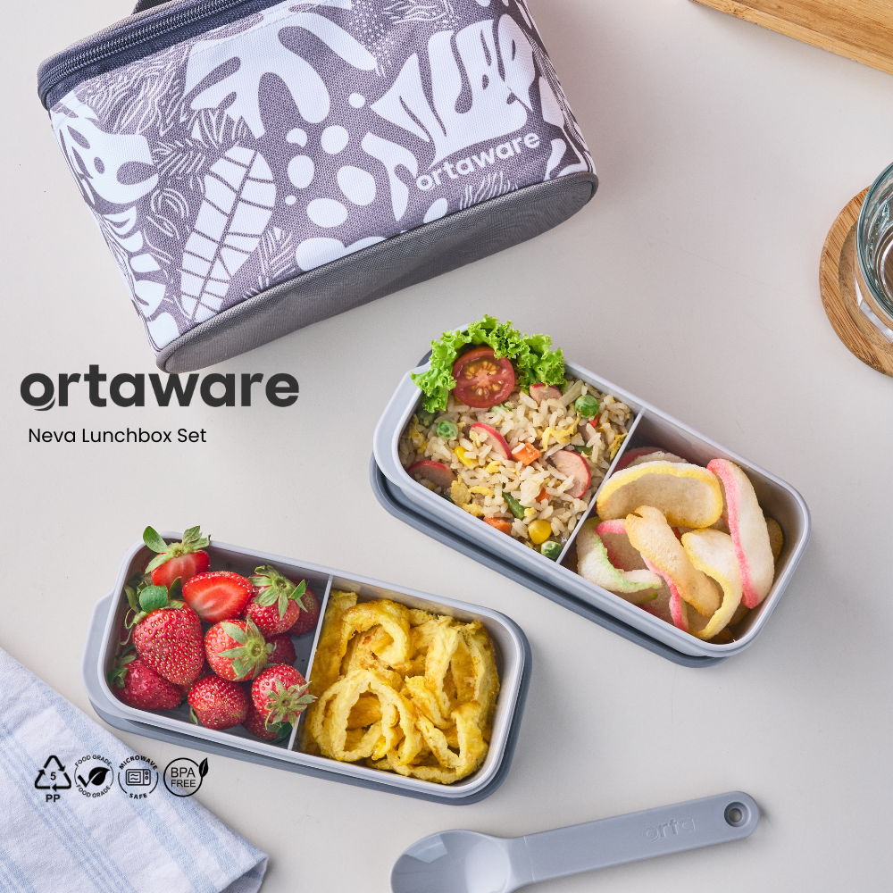 [Neva Lunchbox Set] | ORTAWARE | Tas + Tempat bekal 2 sekat + Sendok Garpu | BPA FREE MICROWAVE SAFE
