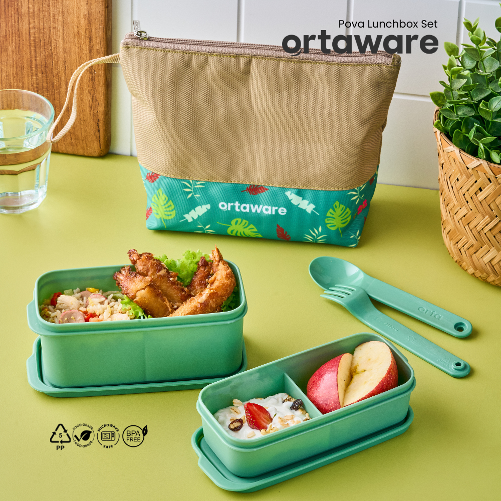 [Pova Lunchbox Set] | ORTAWARE | Tas + Tempat bekal 2 sekat + Sendok Garpu | BPA FREE MICROWAVE SAFE
