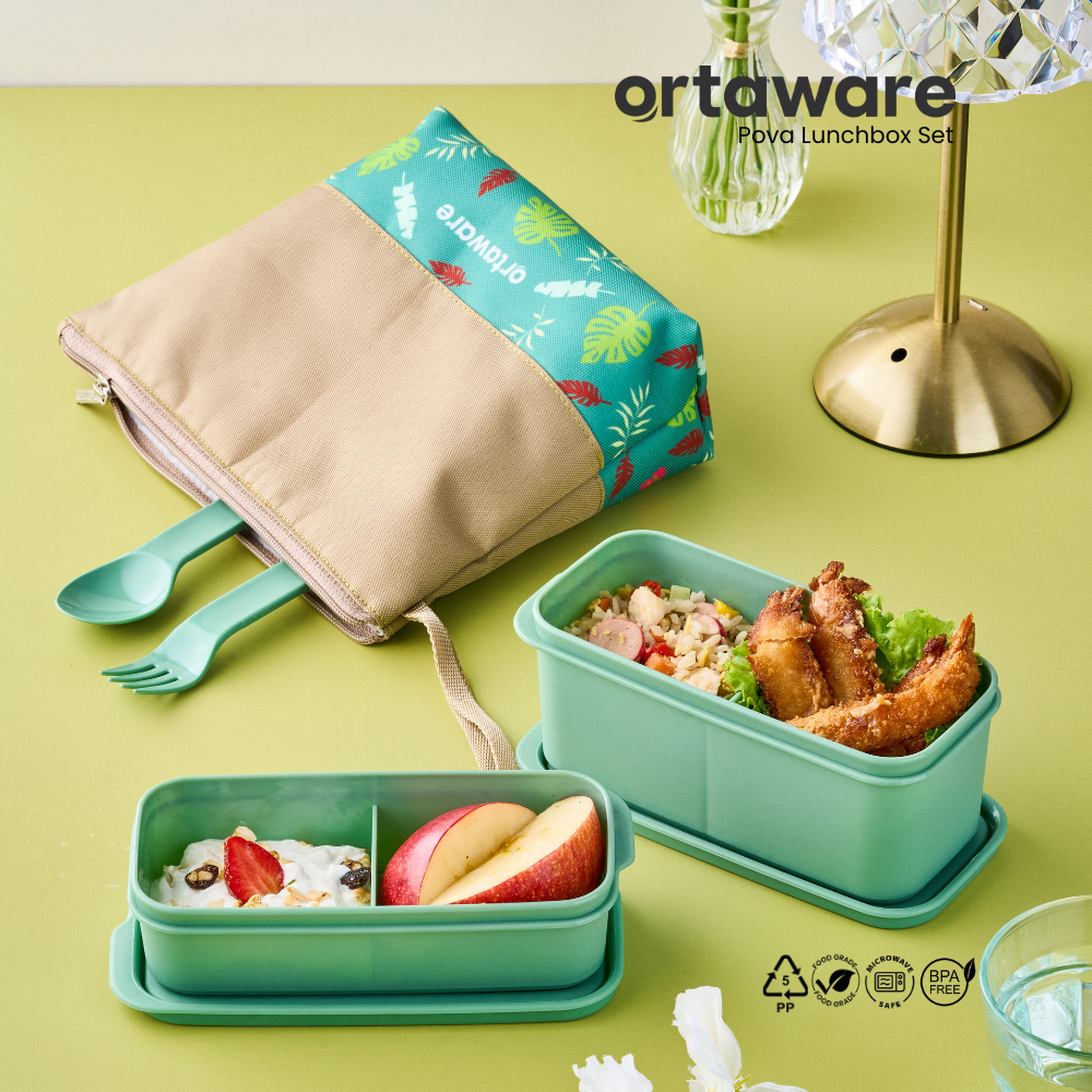 [Pova Lunchbox Set] | ORTAWARE | Tas + Tempat bekal 2 sekat + Sendok Garpu | BPA FREE MICROWAVE SAFE