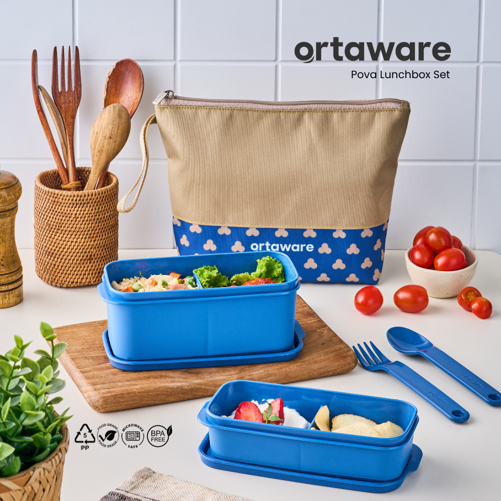 [Pova Lunchbox Set] | ORTAWARE | Tas + Tempat bekal 2 sekat + Sendok Garpu | BPA FREE MICROWAVE SAFE