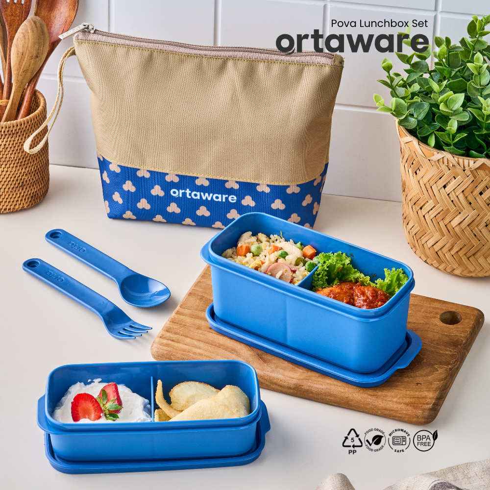 [Pova Lunchbox Set] | ORTAWARE | Tas + Tempat bekal 2 sekat + Sendok Garpu | BPA FREE MICROWAVE SAFE