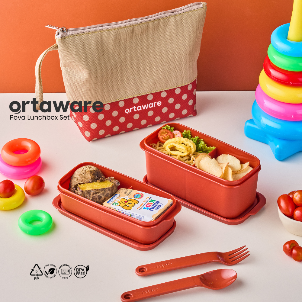 [Pova Lunchbox Set] | ORTAWARE | Tas + Tempat bekal 2 sekat + Sendok Garpu | BPA FREE MICROWAVE SAFE