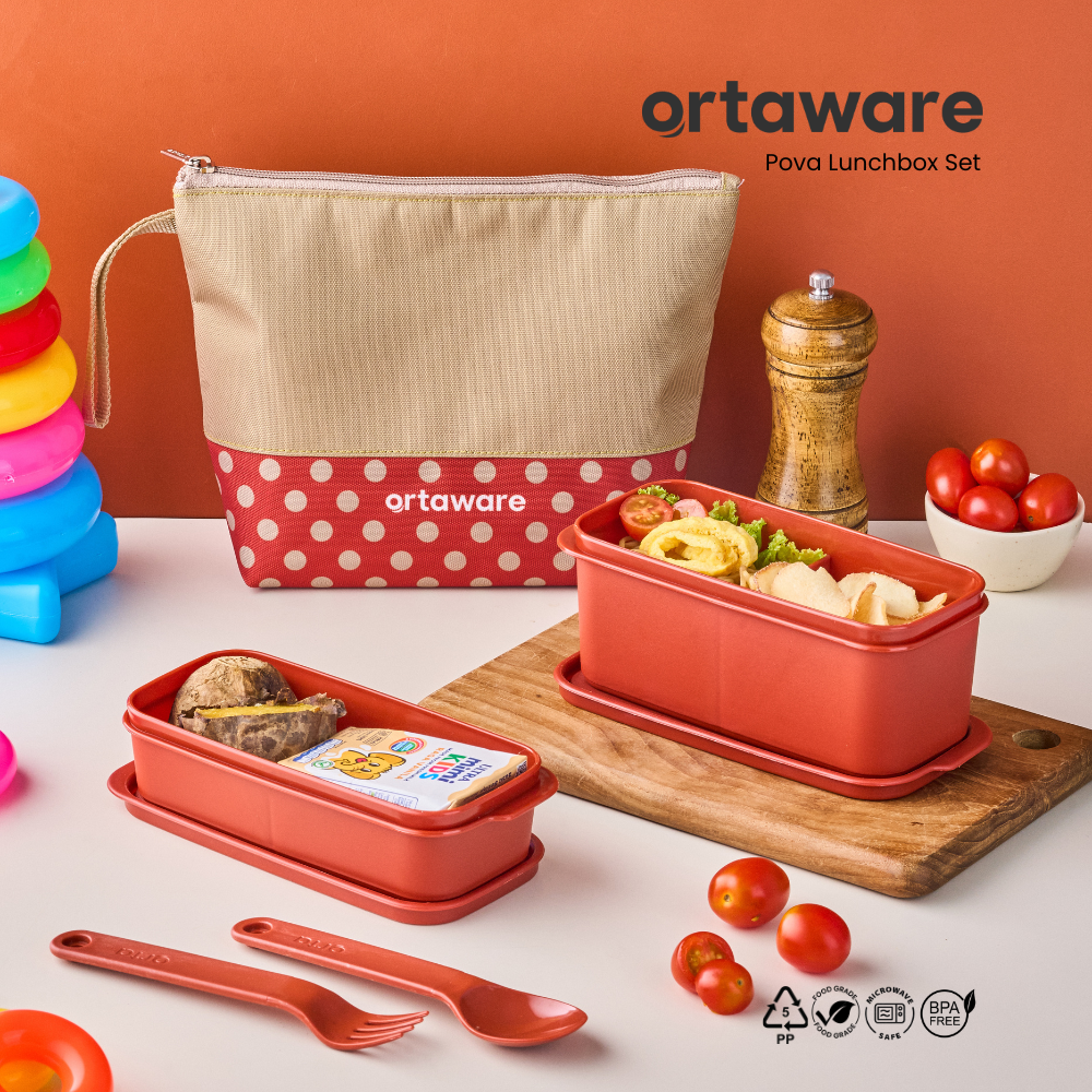 [Pova Lunchbox Set] | ORTAWARE | Tas + Tempat bekal 2 sekat + Sendok Garpu | BPA FREE MICROWAVE SAFE