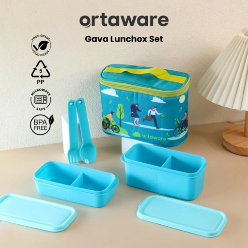 Image of [Gava Lunchbox Set] | ORTAWARE | Tas + Tempat bekal 2 sekat + Sendok Garpu | BPA FREE MICROWAVE SAFE