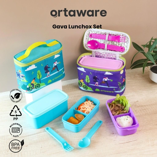 Image of [Gava Lunchbox Set] | ORTAWARE | Tas + Tempat bekal 2 sekat + Sendok Garpu | BPA FREE MICROWAVE SAFE