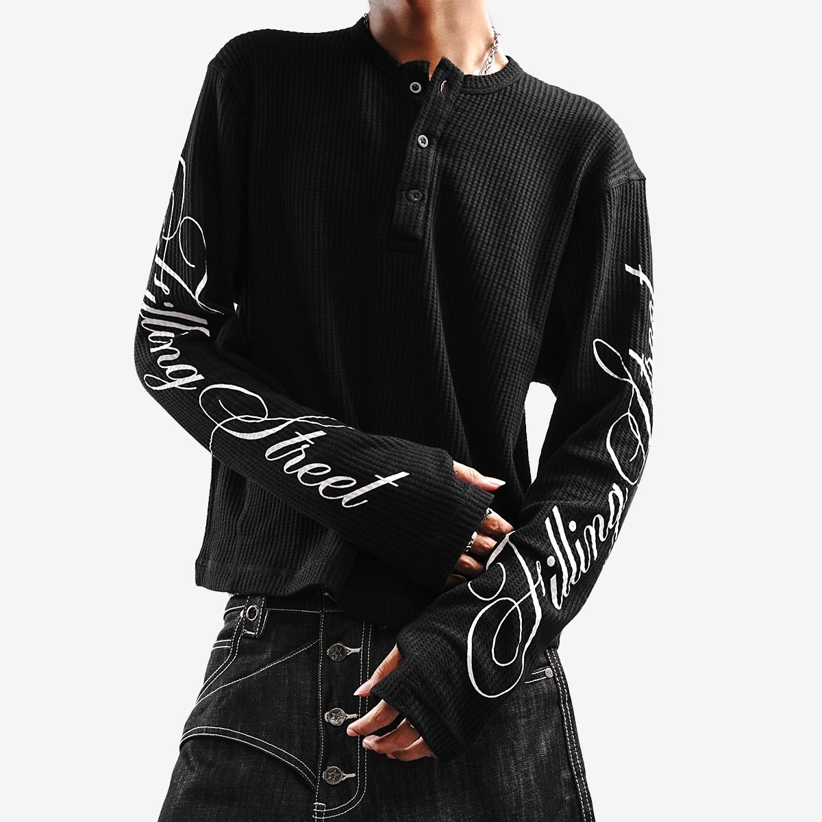 STEAT WAFFLE LONG SLEEVE BLACK