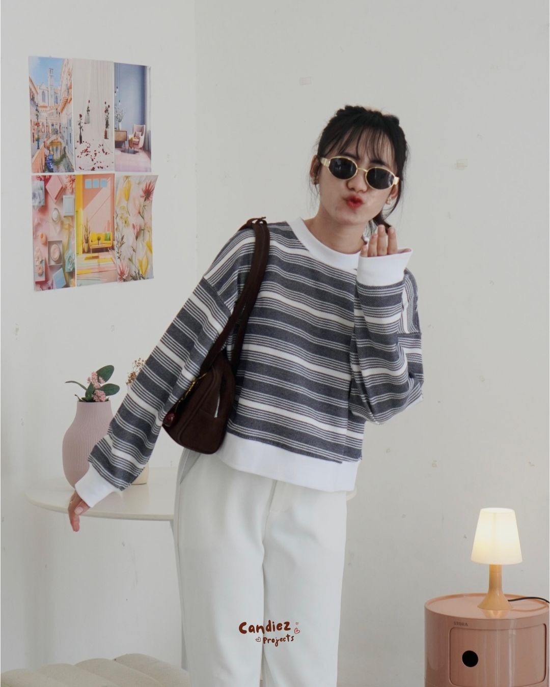 YOONA Oversized Sweater Crop | Stripes Ash Grey