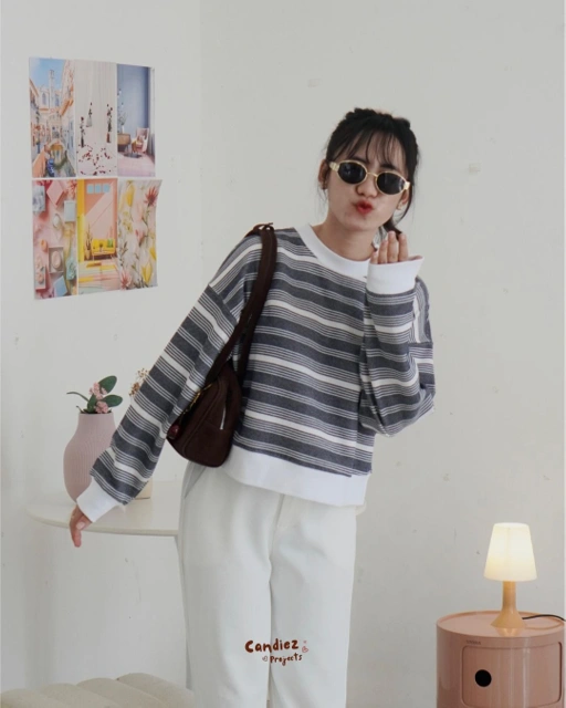 Image of YOONA Oversized Sweater Crop | Stripes Ash Grey