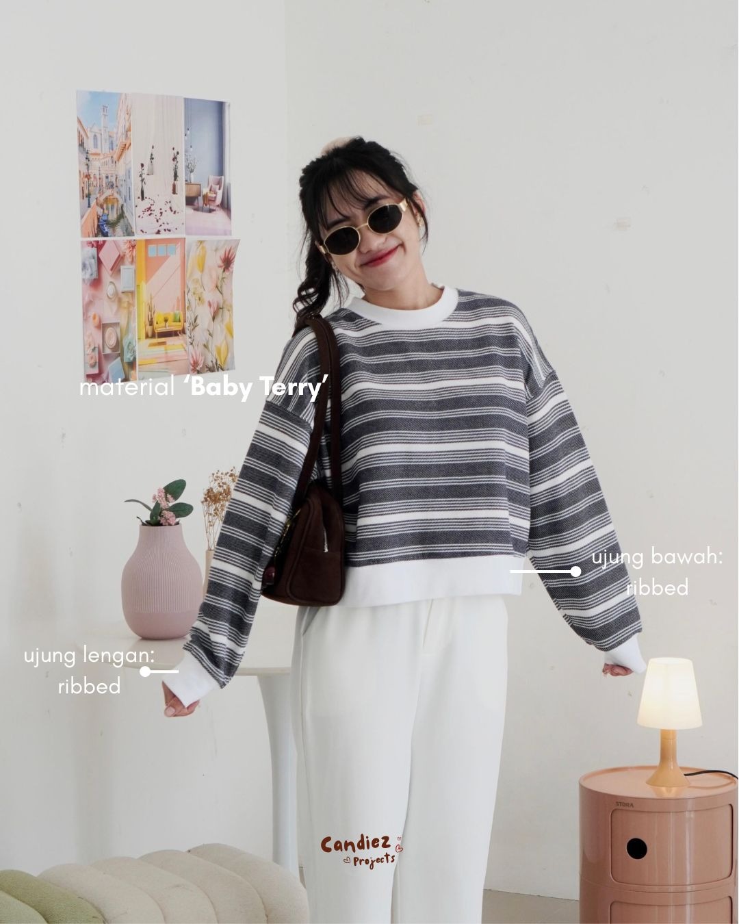 YOONA Oversized Sweater Crop | Stripes Ash Grey