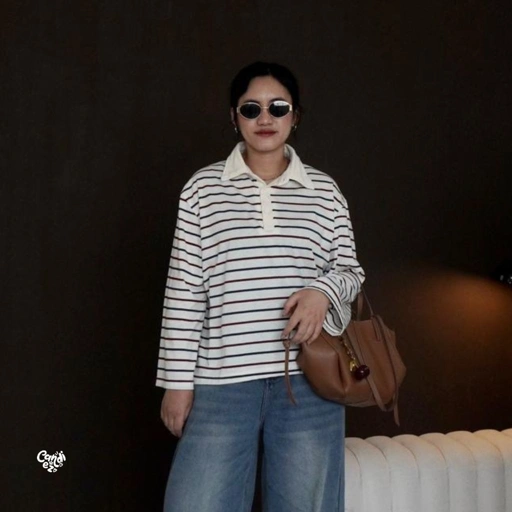 Image of KANA Polo Oversized Sweatshirt | Oat Stripes