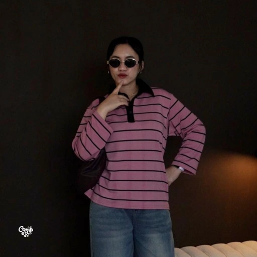 Image of KANA Polo Oversized Sweatshirt | Pink Stripes