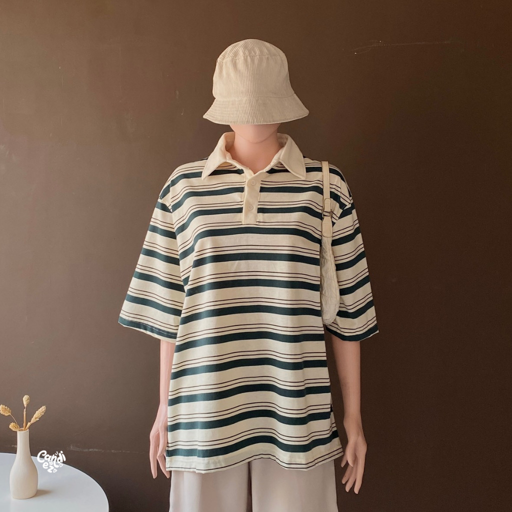 KANA Polo Stripes Shortsleeve | Matcha BW