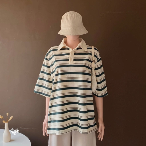 KANA Polo Stripes Shortsleeve | Matcha BW
