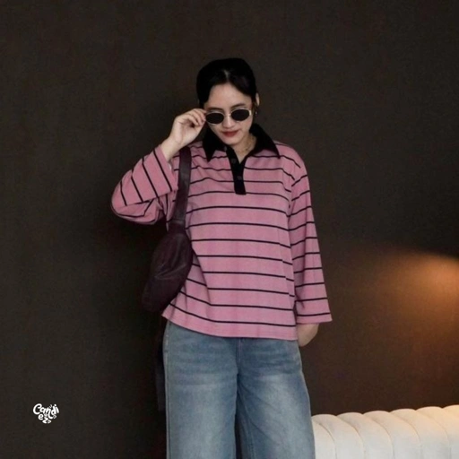 Image of KANA Polo Oversized Sweatshirt | Pink Stripes