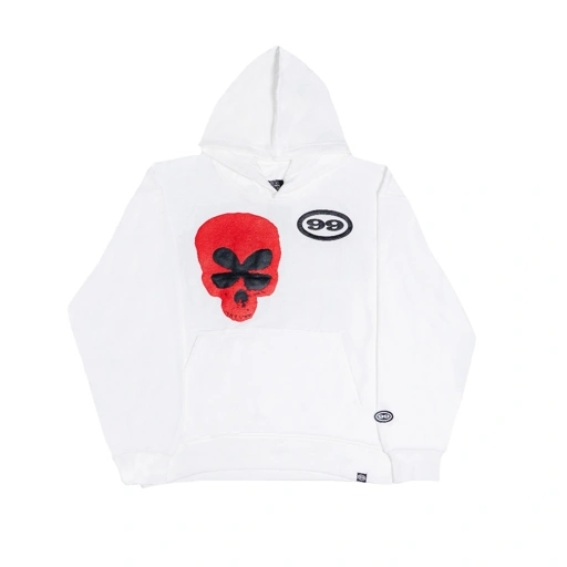 Image of "FEELING LUCKY" SKULL OVERSIZED HOODIE WHITE/RED