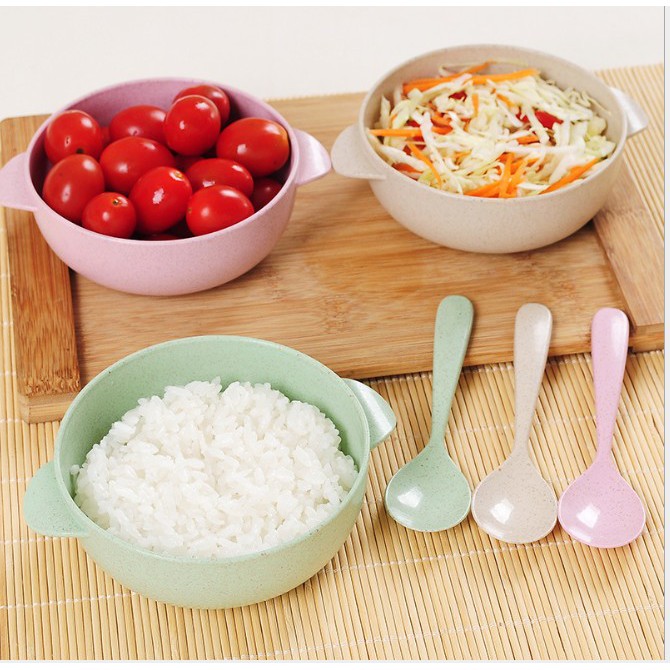 Set 2pcs - Mangkuk Anak Ada Pegangan Tangan Dan Sendok Wheat Straw Food Grade