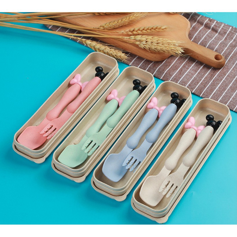 Set Sendok Garpu Alat Makan Anak Motif Lucu Bahan Jerami Gandum Wheat Straw BPA Free