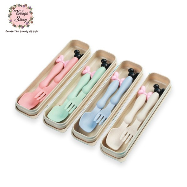 Set Sendok Garpu Alat Makan Anak Motif Lucu Bahan Jerami Gandum Wheat Straw BPA Free