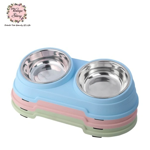 Image of 2 in 1 Mangkuk Stainless Tempat Makan Minum Anjing Kucing Peliharaan Antislip 35x18x9cm