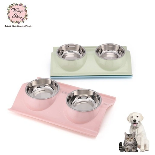 Image of Tempat Makan Minum Mangkuk Stainless Anjing Kucing Kelinci Peliharaan 2 in 1