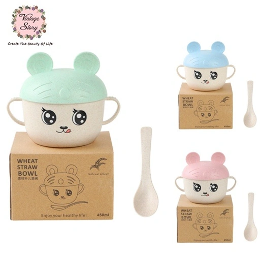 Image of Set Mangkuk Sendok Anak Motif Ada Kuping Hadiah Sourvenir Bahan Jerami Gandum Food Grade