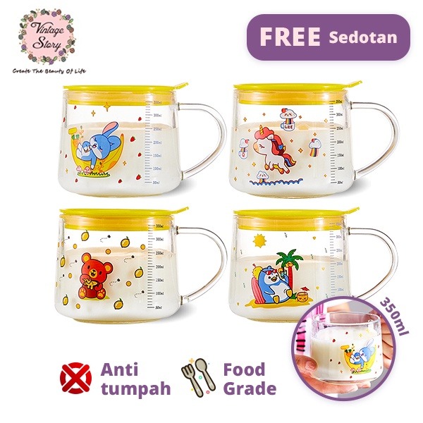 VS - Gelas Minum Mug Anak Kaca Karakter Kelinci Beruang Unicorn Penguin Gratis Sedotan Anti Tumpah 350ml BPA Free