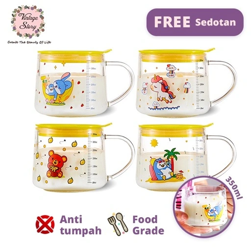 Image of VS - Gelas Minum Mug Anak Kaca Karakter Kelinci Beruang Unicorn Penguin Gratis Sedotan Anti Tumpah 350ml BPA Free