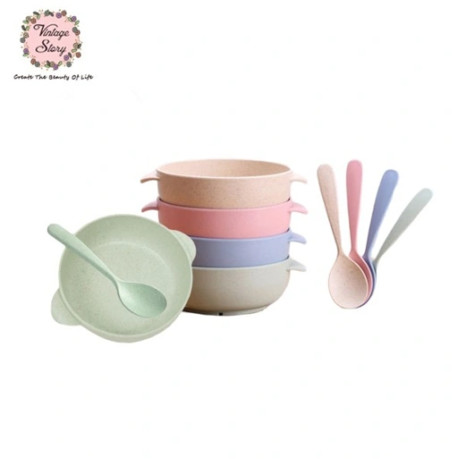 Image of Set 2pcs - Mangkuk Anak Ada Pegangan Tangan Dan Sendok Wheat Straw Food Grade