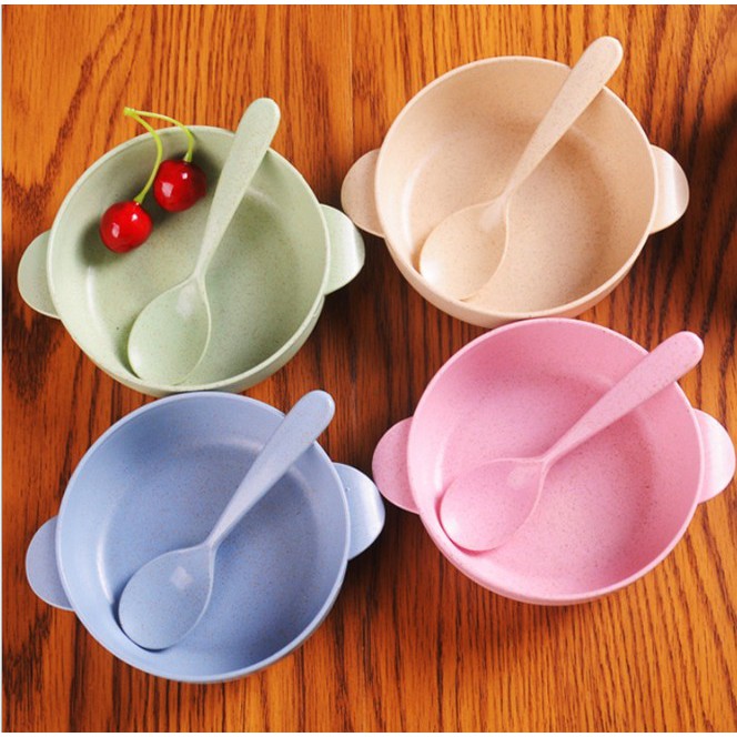Set 2pcs - Mangkuk Anak Ada Pegangan Tangan Dan Sendok Wheat Straw Food Grade