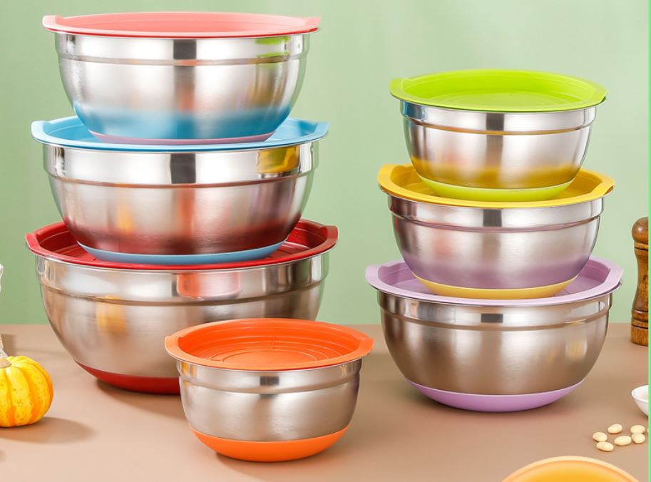 Mangkuk Adonan Kue Salad Stainless Steel Penutup Silikon Anti Slip Ukuran 18 - 26cm