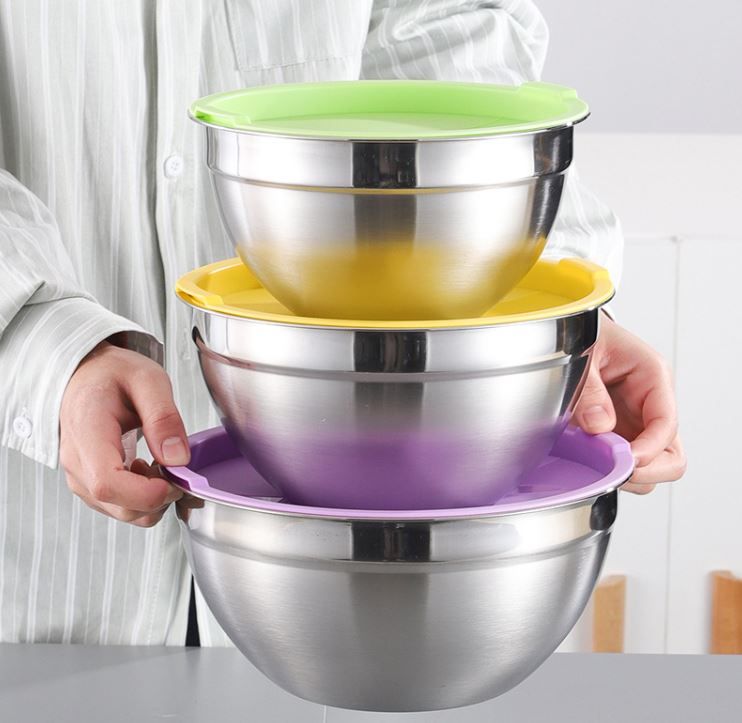Mangkuk Adonan Kue Salad Stainless Steel Penutup Silikon Anti Slip Ukuran 18 - 26cm