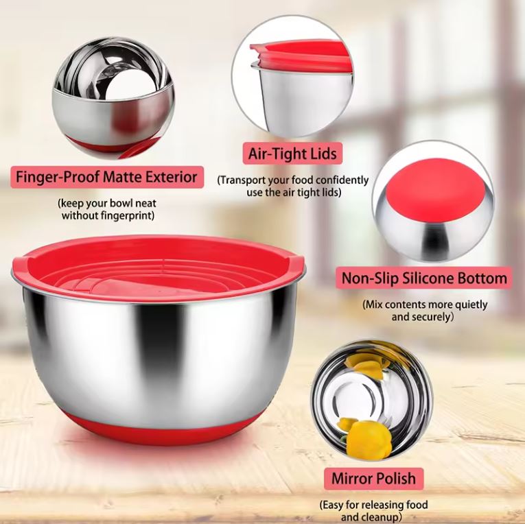 Mangkuk Adonan Kue Salad Stainless Steel Penutup Silikon Anti Slip Ukuran 18 - 26cm