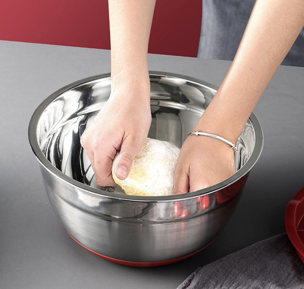 Mangkuk Adonan Kue Salad Stainless Steel Penutup Silikon Anti Slip Ukuran 18 - 26cm