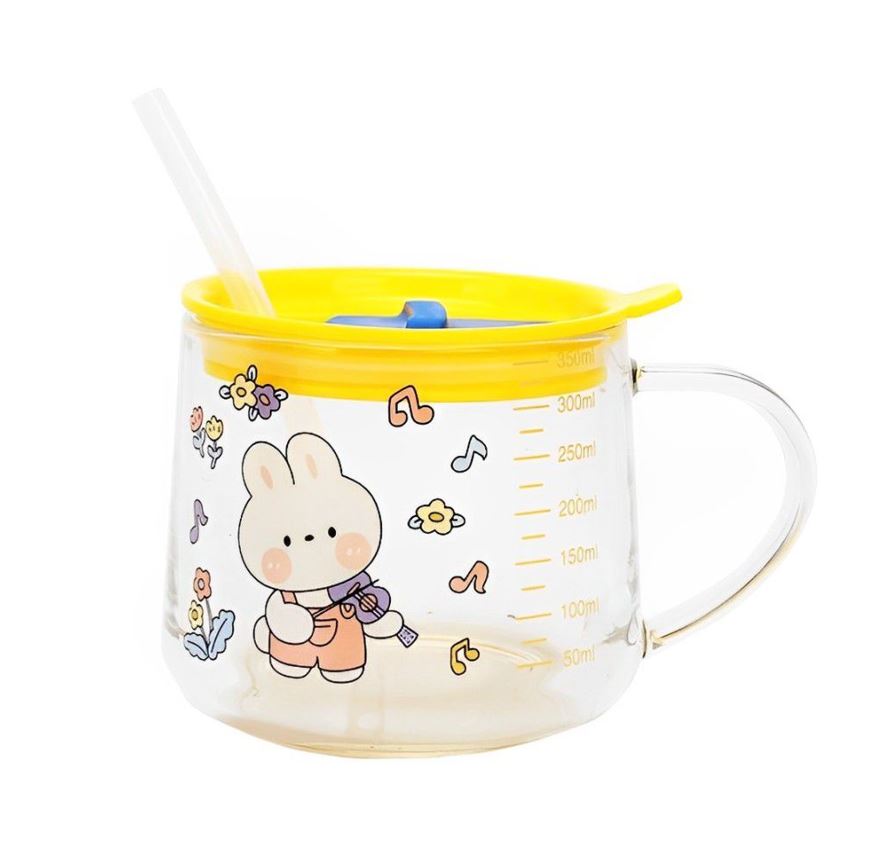 VS - Gelas Minum Mug Anak Kaca Karakter Kelinci Beruang Unicorn Penguin Gratis Sedotan Anti Tumpah 350ml BPA Free