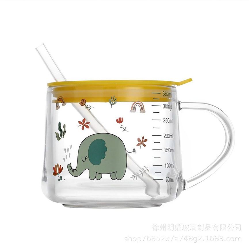 VS - Gelas Minum Mug Anak Kaca Karakter Kelinci Beruang Unicorn Penguin Gratis Sedotan Anti Tumpah 350ml BPA Free