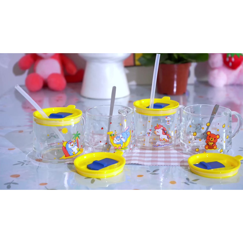 VS - Gelas Minum Mug Anak Kaca Karakter Kelinci Beruang Unicorn Penguin Gratis Sedotan Anti Tumpah 350ml BPA Free