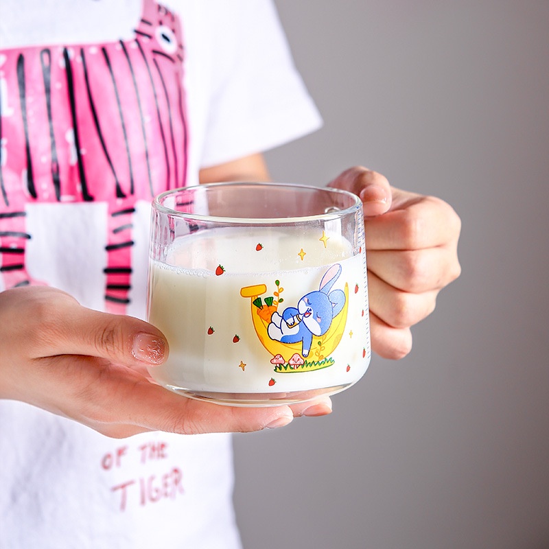 VS - Gelas Minum Mug Anak Kaca Karakter Kelinci Beruang Unicorn Penguin Gratis Sedotan Anti Tumpah 350ml BPA Free