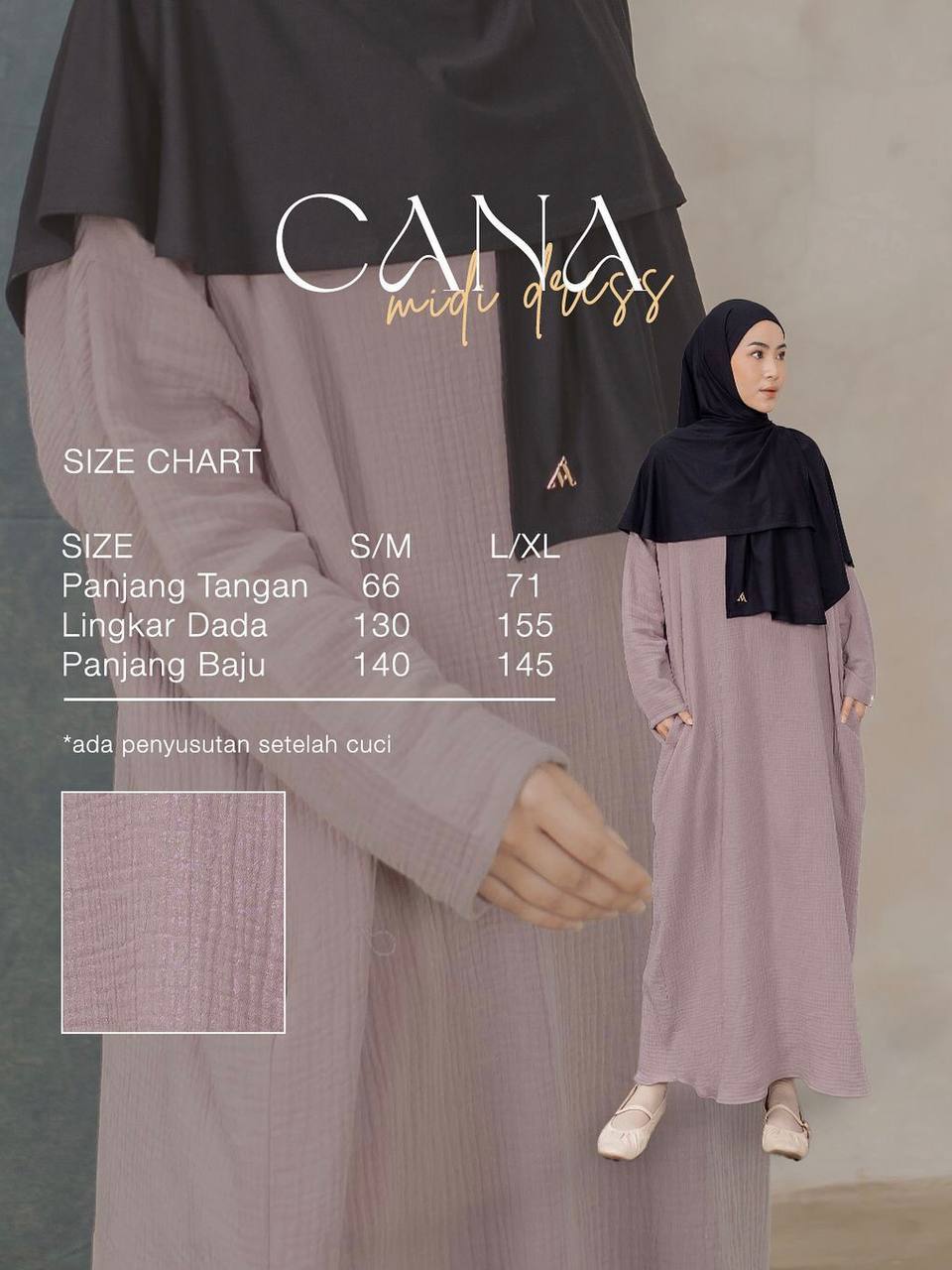 Azmiza - Cana Midi Dress (Dress Midi Oversize Daily Umroh Haji Bahan Cotton Foam)