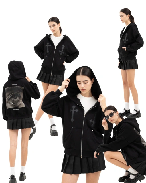 Image of DOUBLE ZIPPER HOODIE BLACK “DARK EYES” CLUTHVISION - M