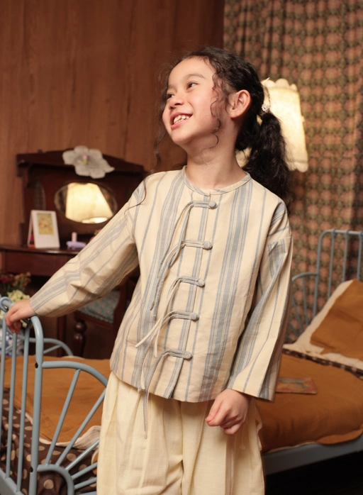 Image of SABINE AND HEEM – GOBI Linen Cheongsam Shirt – Blue Beige – Kids Top