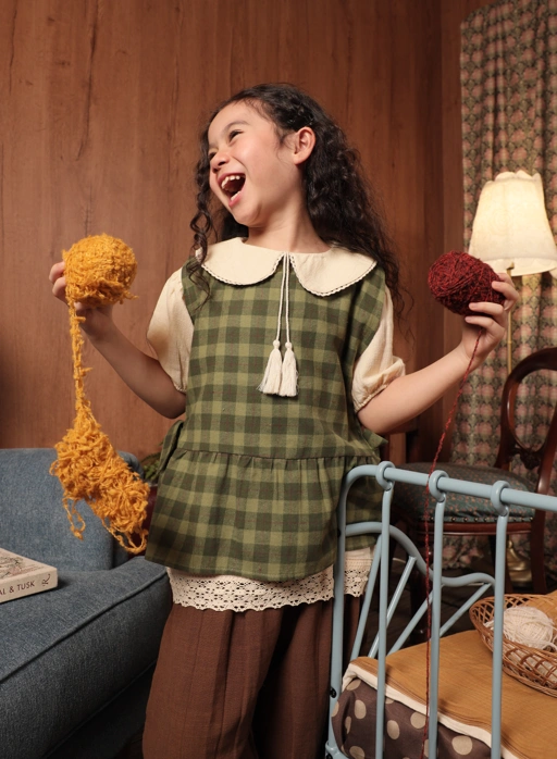 Image of SABINE AND HEEM - PARISH Flannel Gingham Ribbon Sleeveless Outer Vest - Green - Girls Sleeveless Vest Top