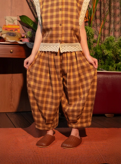 Image of SABINE AND HEEM – ALHAMBRA Balloon Flannel Big Pants – Mustard Brown – Kids Cotton Flannel Balloon Pants