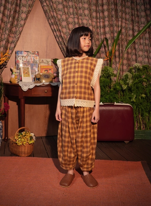 Image of SABINE AND HEEM – ALHAMBRA Balloon Flannel Big Pants – Mustard Brown – Kids Cotton Flannel Balloon Pants